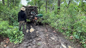 Xe công nông cầu đẩy ben chở 5 tấn củi điều trời mưa lún hết bánh