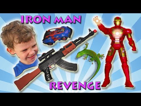 iron-man-revenge-outdoor-fun-play-with-water-gun-and-spider-man-car,-who-shot-the-iron-man?