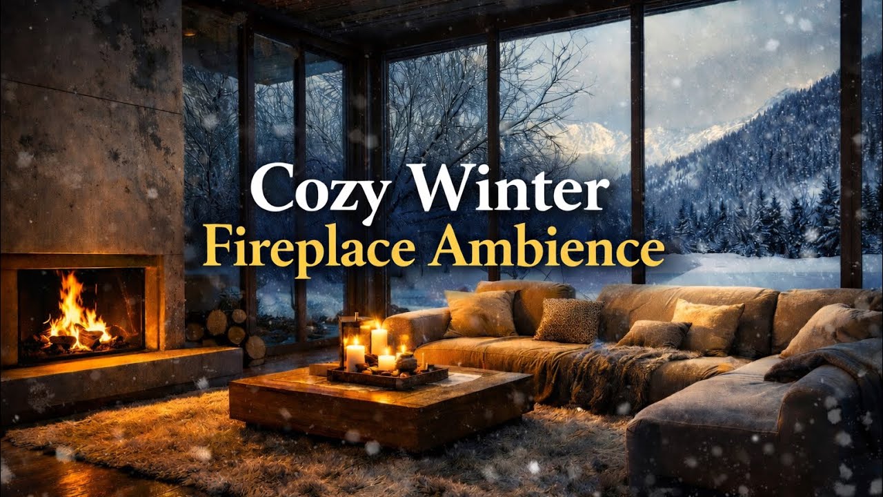 Уютный зимний камин ❄️🔥 | Снег и горный вид | Расслабляющие звуки огня (3 часа)