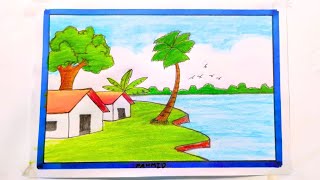 How to draw a Scenery 🏞️ Easy village scenery drawing step by step 🏞️ River scenery drawing ✏️