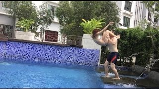 TRYING WWE MOVES + INTO THE POOL