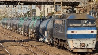 【4K高画質】JR貨物EF210形100番台125号機〔新〕(新塗装)+タキ20両が新秋津駅1番線を通過するシーン(臨8586レ・新A147・石油返空)2025.12.13