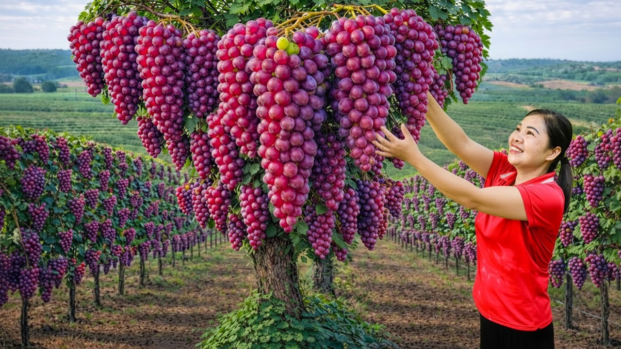 Harvesting Many Giant Ruby Grapes & Goes To Market Sell | Relaxing Farm Life