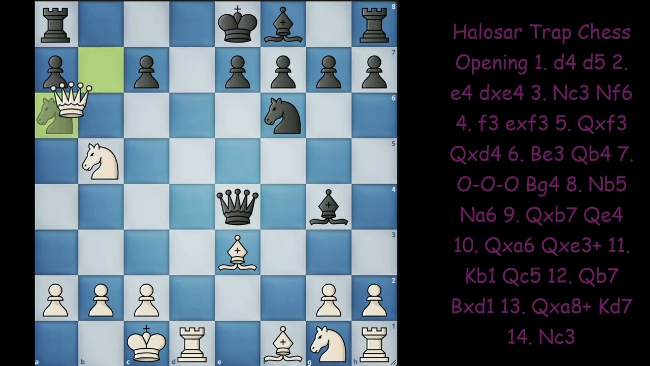 Halosar Trap Chess Opening 1  d4 d5 2  e4 dxe4 3  Nc3 Nf6 4  f3 exf3 5  Qxf3 Qxd4 6  Be3 Qb4 7  O O