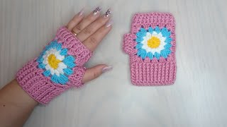جوانتي كروشية مربع جراني بشكلين مختلفين باسهل طريقة gloves crochet granny square