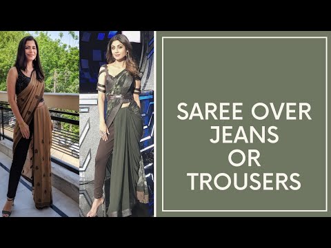 How to wear saree on denim | Dolly Jain's saree draping style for farewell  party | Look modern in this style of saree draping. Wear saree on jeans/ denim and a crop top