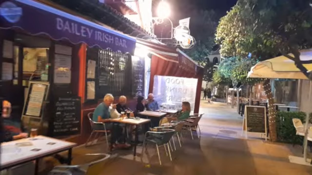 Torremolinos Spain Evening Walk Midnight Bars and Restaurants Bailey