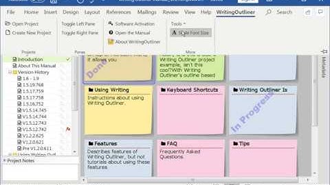 Organizing writings with color index cards on a corkboard inside Microsoft Word