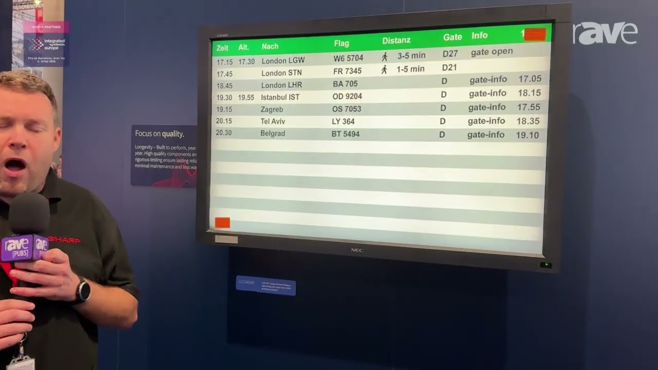 ISE 2026: Sharp Demos LCD4000 24/7 Large Format Display That’s Run 175,000 Hours at Vienna Airport
