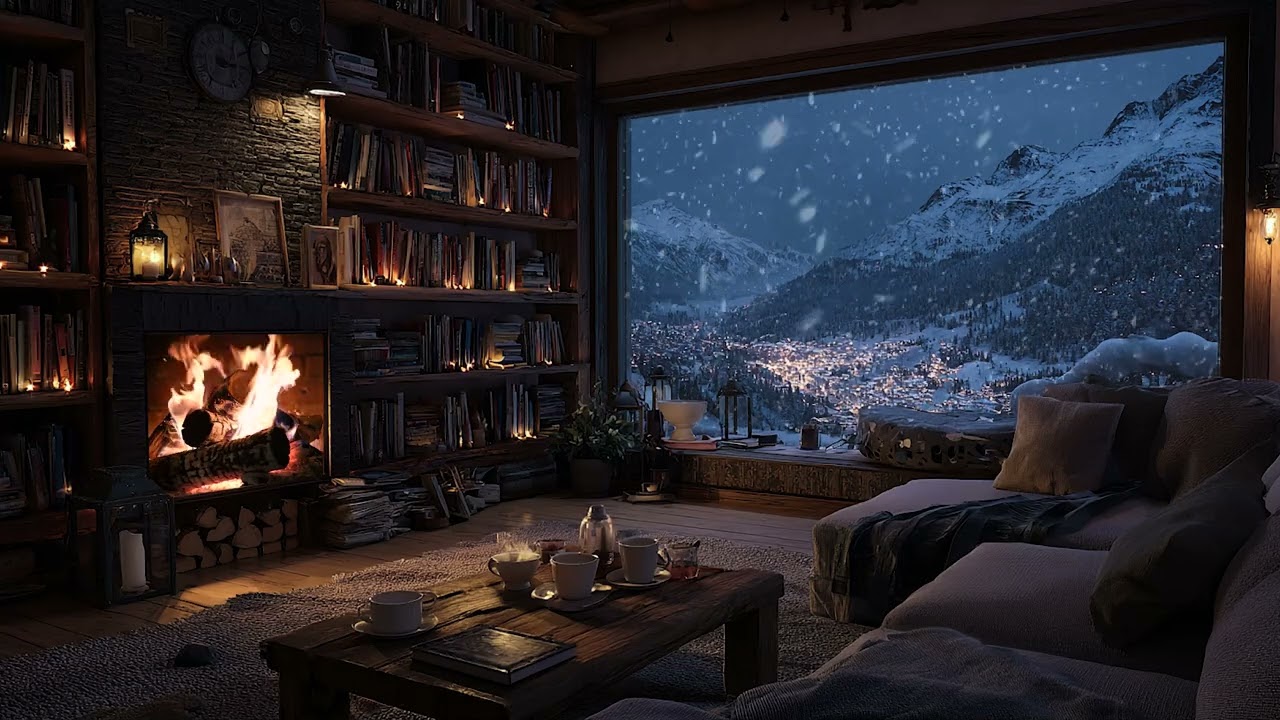 Snowy Wind Outside the Cabin | Warm Fireplace Crackling Sounds for Calm Nights