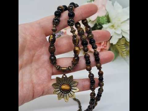 Оригінальне кольє оберіг Соняшник з натурального тигрового ока з підвіскою, видео 1