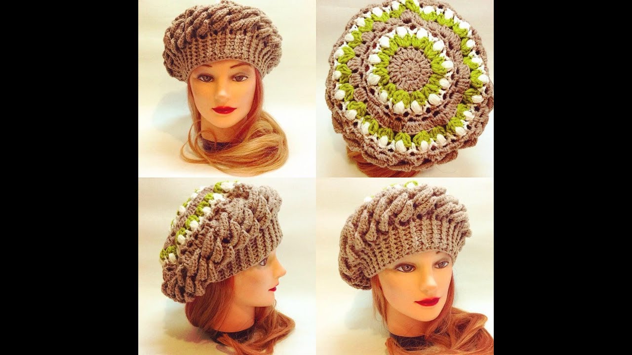 Берет подснежники крючком с двухслойным узором.crochet cap