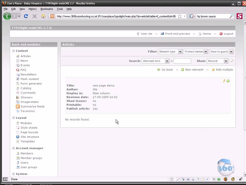 Adding a new page with text and image in Typolight CMS