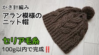 かぎ針編みで縄編みニット帽【アラン模様】100均毛糸 Crochet beanie