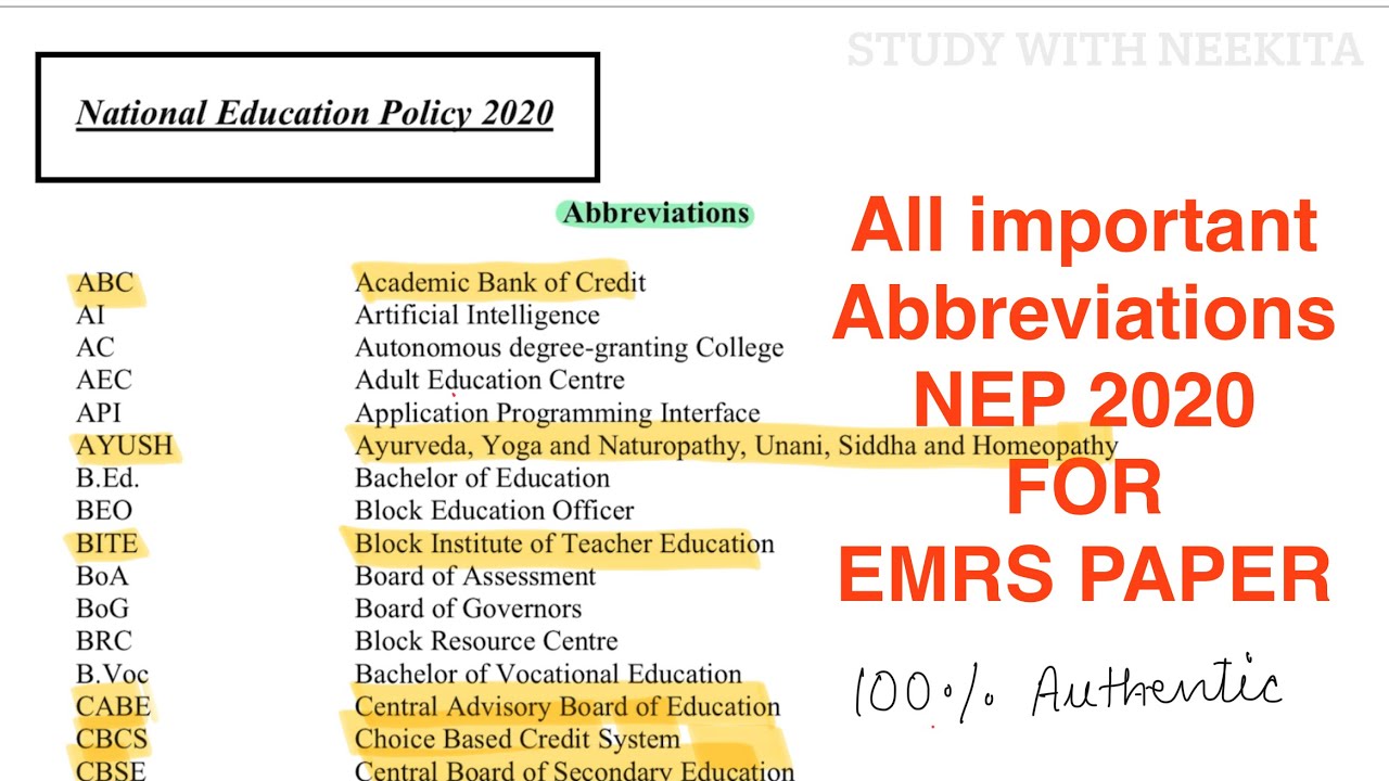 NEP 2020 most important and authentic abbreviations for 