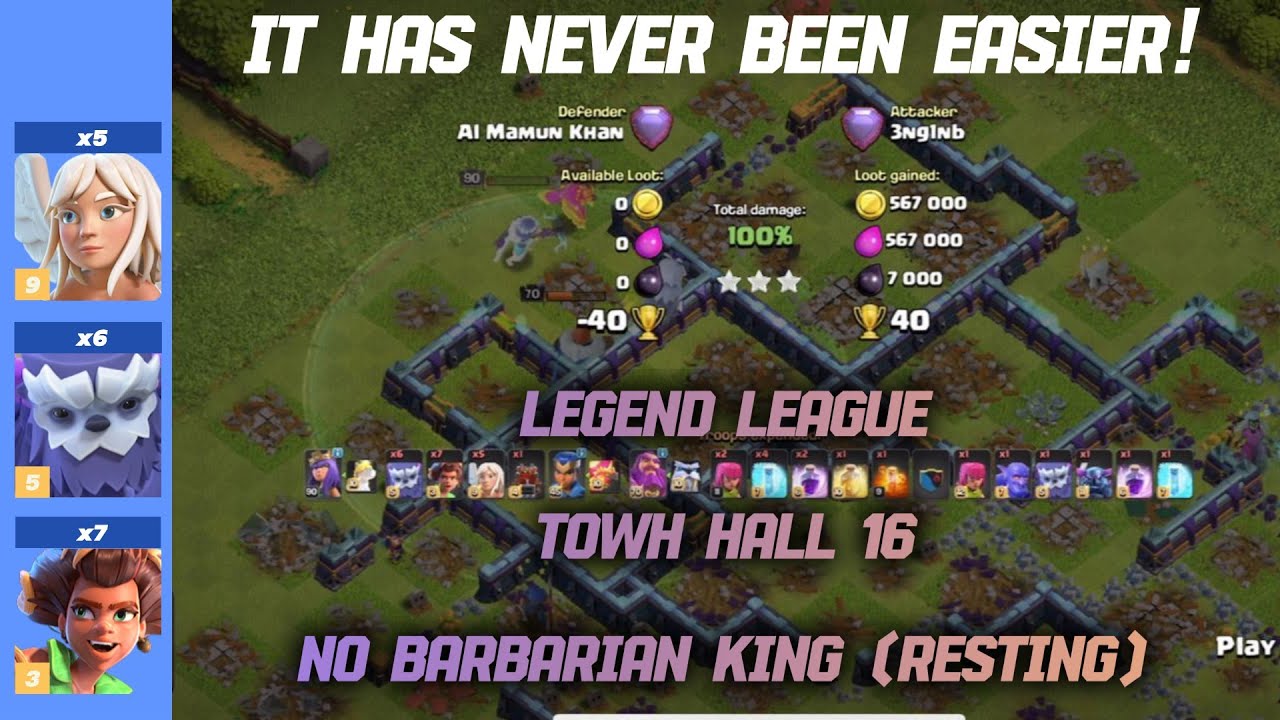 Legend League TH16 Ground Attack without Barbarian King 