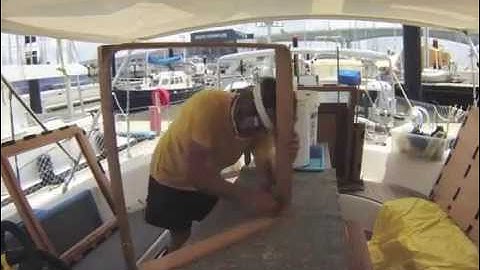 Kamana.Life boatyard. Matteo prepare wood for varnish...