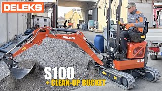 DELEKS S100 Minibagger mit Planierlöffel – Beladen eines Transporters mit Kies