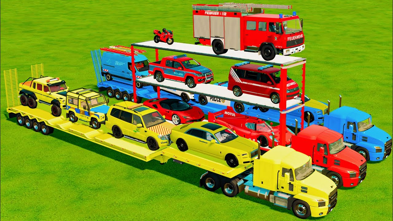 TRANSPORTING CARS, AMBULANCE, POLICE CARS, FIRE TRUCK, MONSTER TRUCK OF