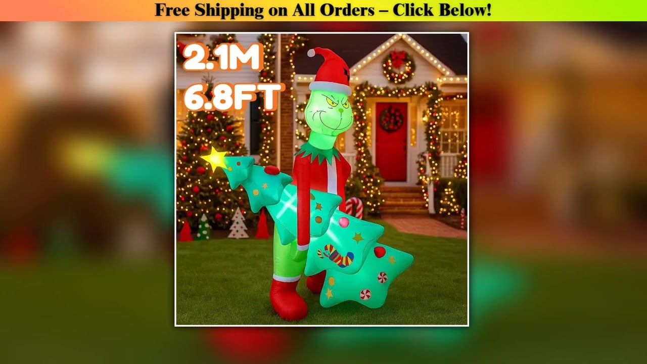 2.1M/6.8FT Grinch Holding Christmas Tree Inflatable Model Christmas Decor LED Lights Holiday