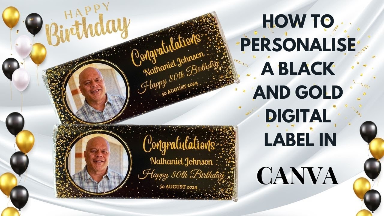 How to personalise a black and gold Hersheys chocolate label from Personalised Gift Labels in CANVA