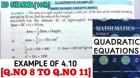RD SHARMA CLASS 10 QUADRATIC EQUATIONS EXAMPLE OF EX- 4.10[Q.NO 8 TO 11] MATH FEAR | CHAPTER 4 |CBSE