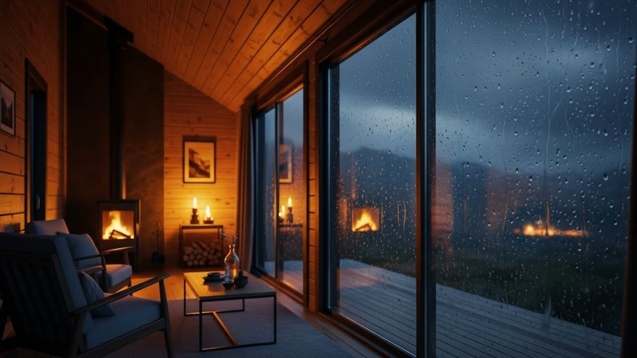 Rainy Night in a Cabin | Crackling Fireplace + Rain Sounds for Deep ...