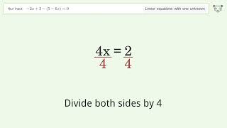 Linear equation with one unknown: Solve -2x+3-(5-6x)=0 step-by-step solution