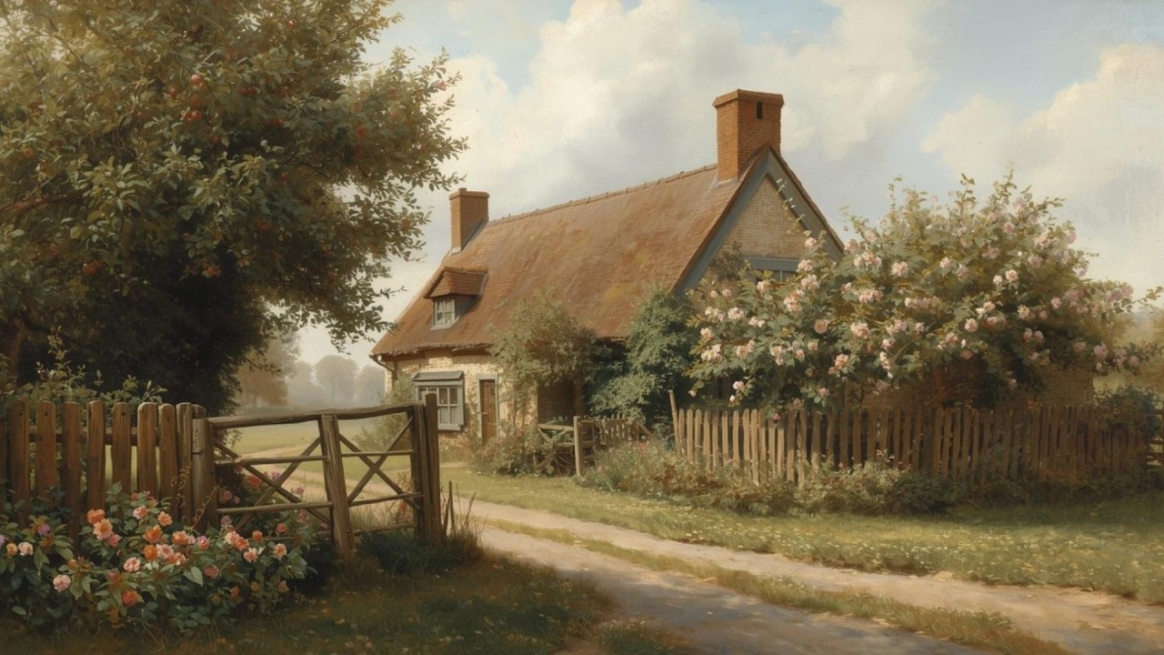 English Country Cottage with Garden Vintage Painting | Frame TV Art Display | 2-Hour Screensaver