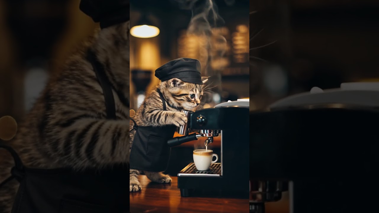 Cute cat making coffee