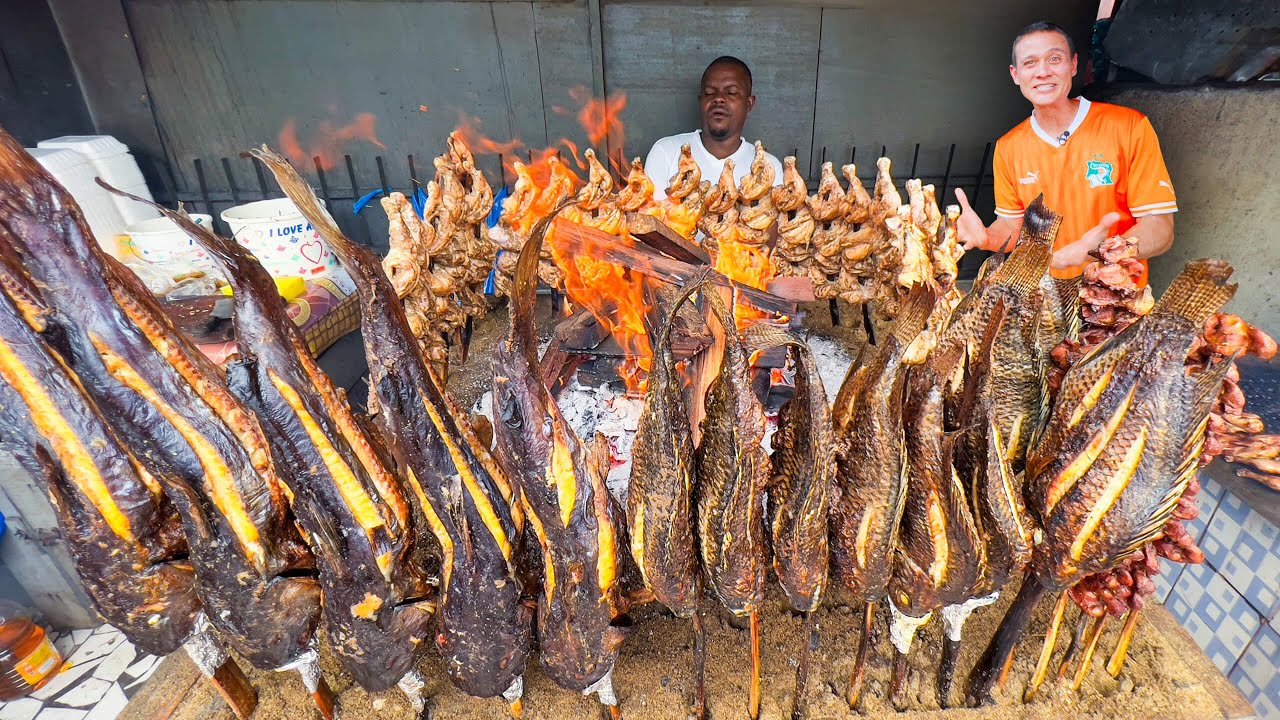 ⁣Street Food in Côte d’Ivoire!! 🇨🇮 Insane VERTICAL BBQ in Abidjan (West Africa)!!