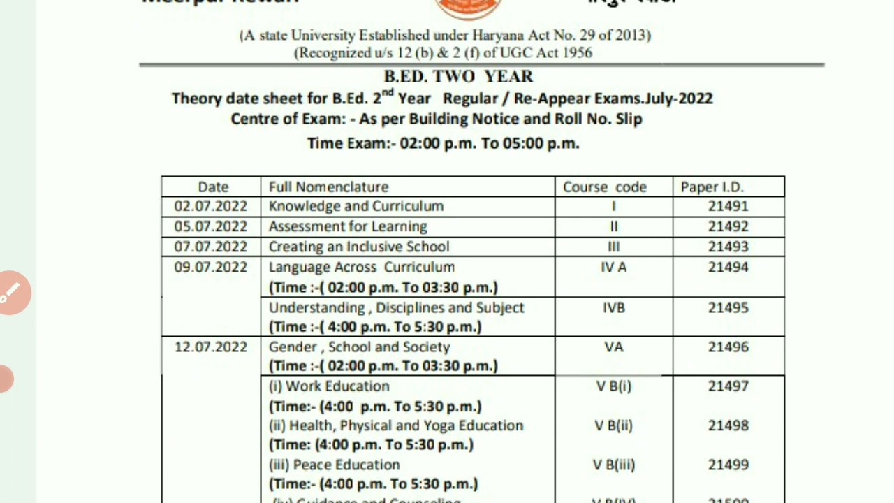 B.ed. 2nd year Theory Datesheet July 2022//Indira Gandhi University Meerpur Datesheet