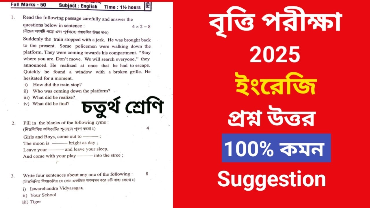 বৃত্তি পরীক্ষা 2025  ইংরেজি প্রশ্ন উত্তর সাজেশন | Britti Exam English Question Suggestion 2025|