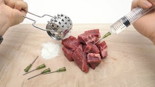 バラバラの肉に白い粉を加えて液体を注入した結果