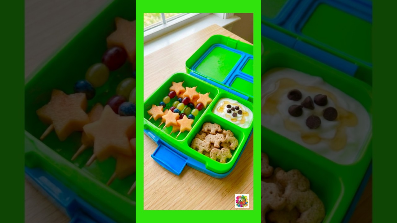 Merenda allegra e colorata 🌈 Bento Wow Box con frutta e dolcezza 🐘🍇🍈 #bento #bentoboxkids #foodie