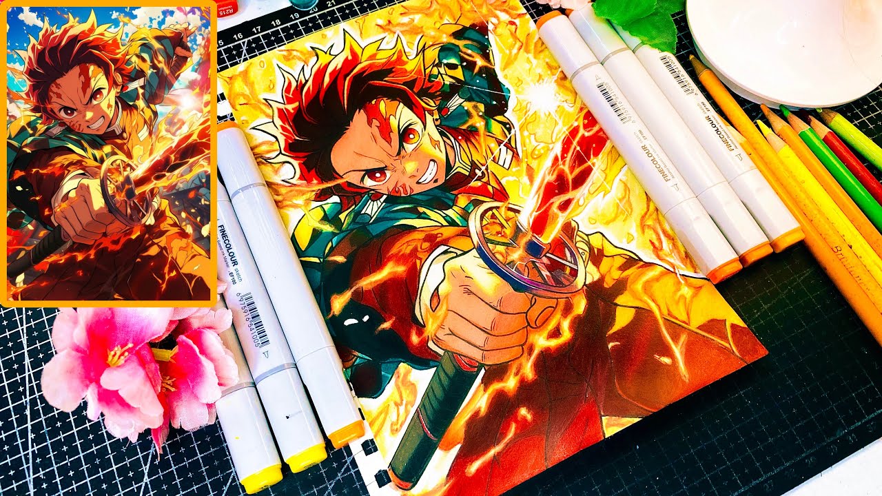 Tanjiro drawing using Alcohol markers and Color Pencil // Demon Slayer drawing