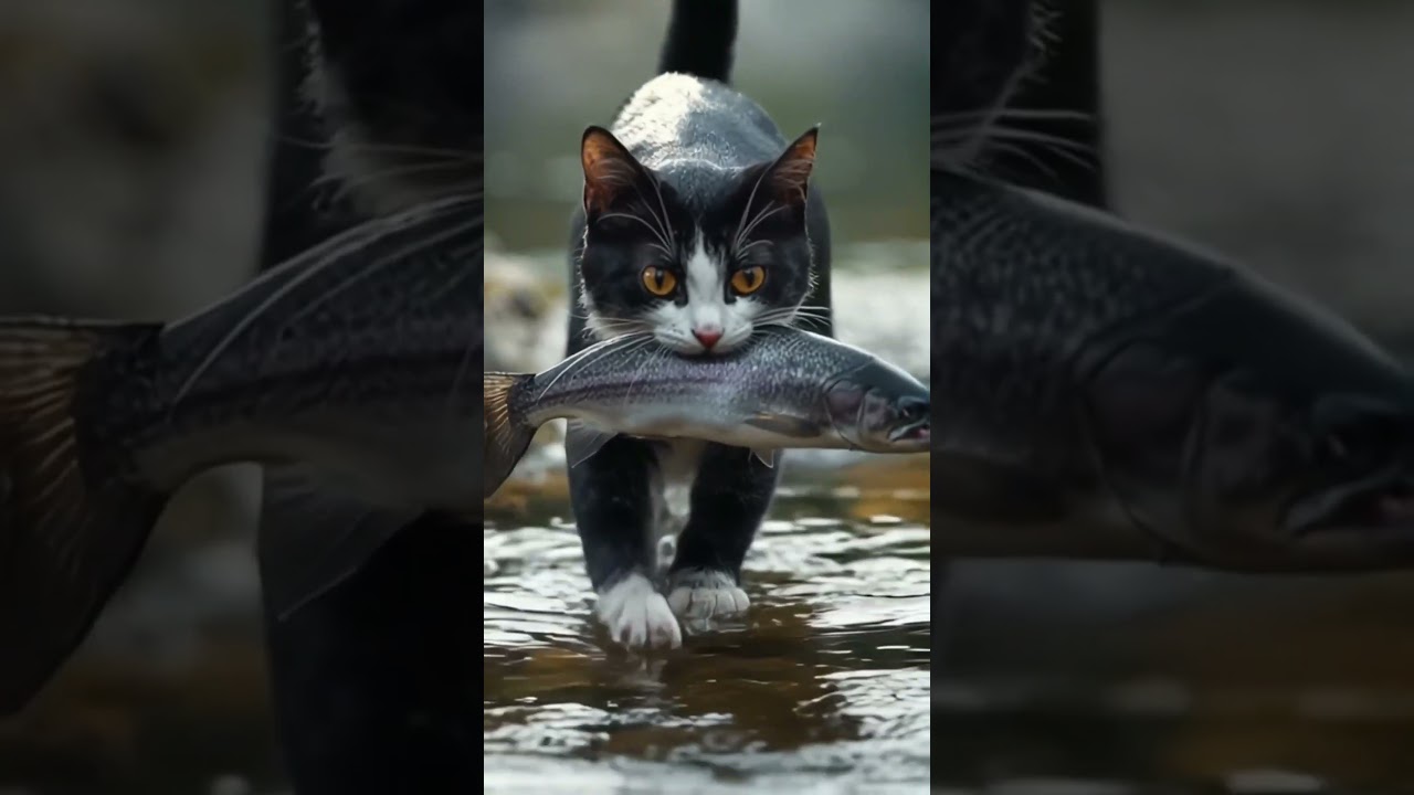 black and white cat caught a trout fish. cat fishing
