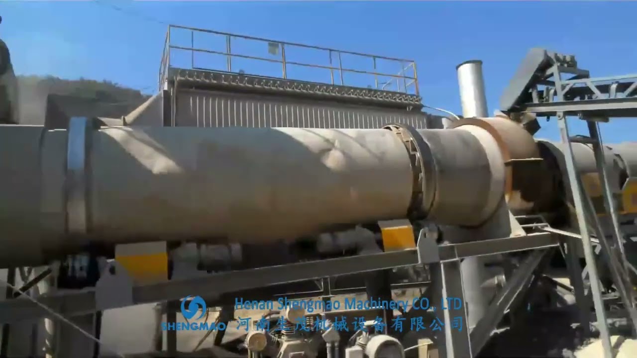 DHB Stationary continuous asphalt plant working, drum mix, by Shengmao Machinery