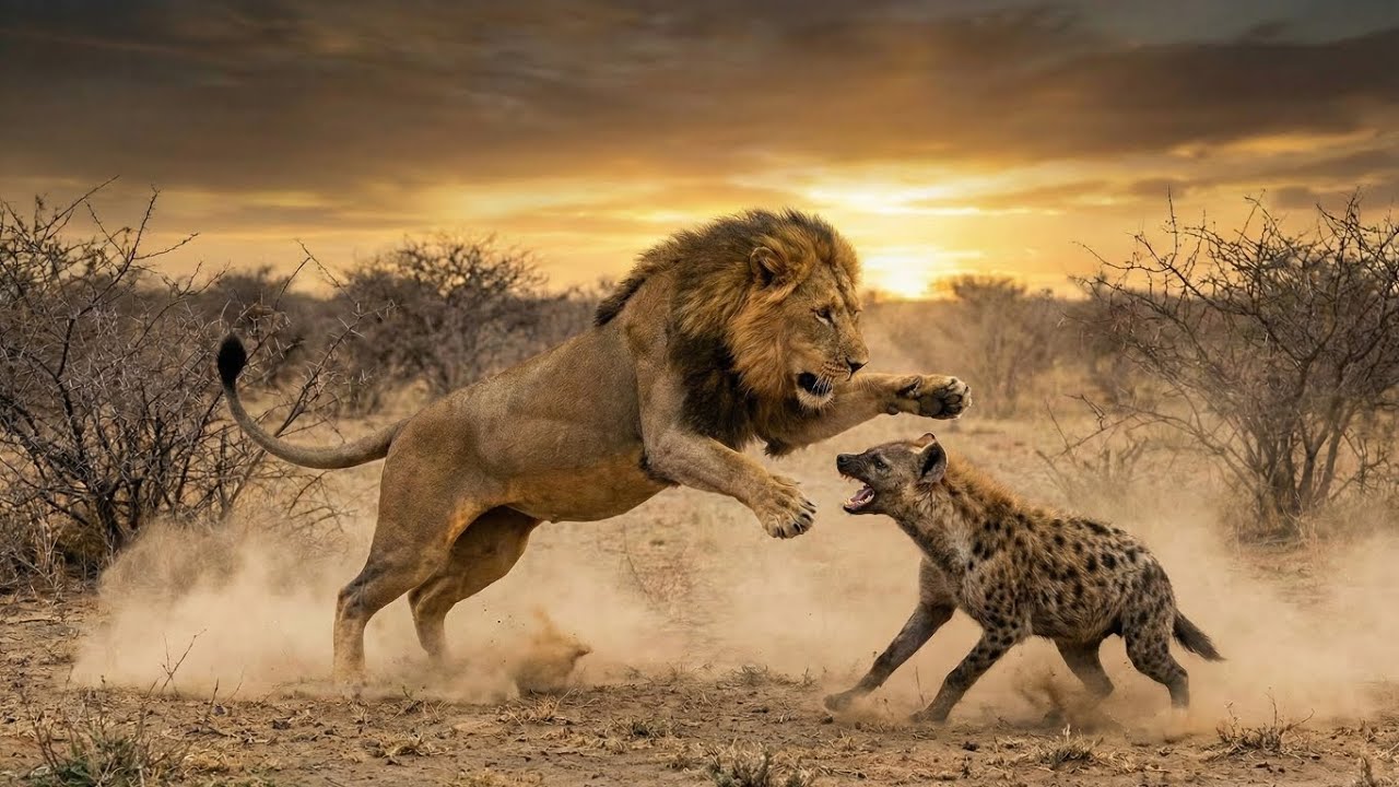 Asiatic Lion vs Hyena | Brutal Fight Over Buffalo Kill | Real Wildlife Battle