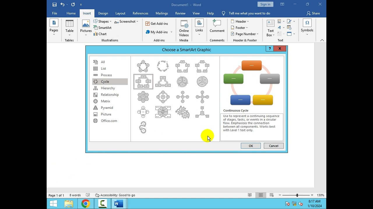 How to insert continuous cycle SmartArt  in word