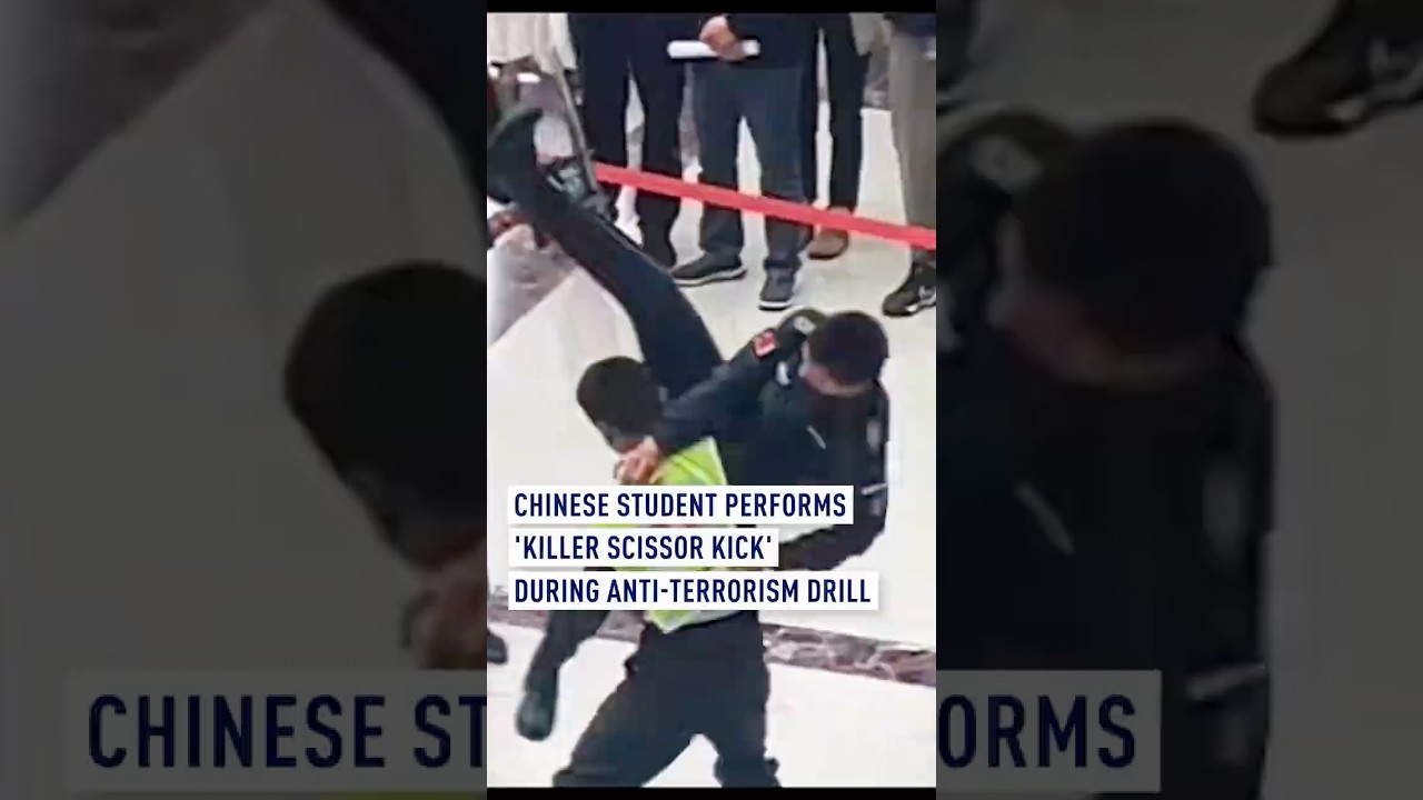 Chinese student performs 'killer scissor kick' during anti-terrorism drill
