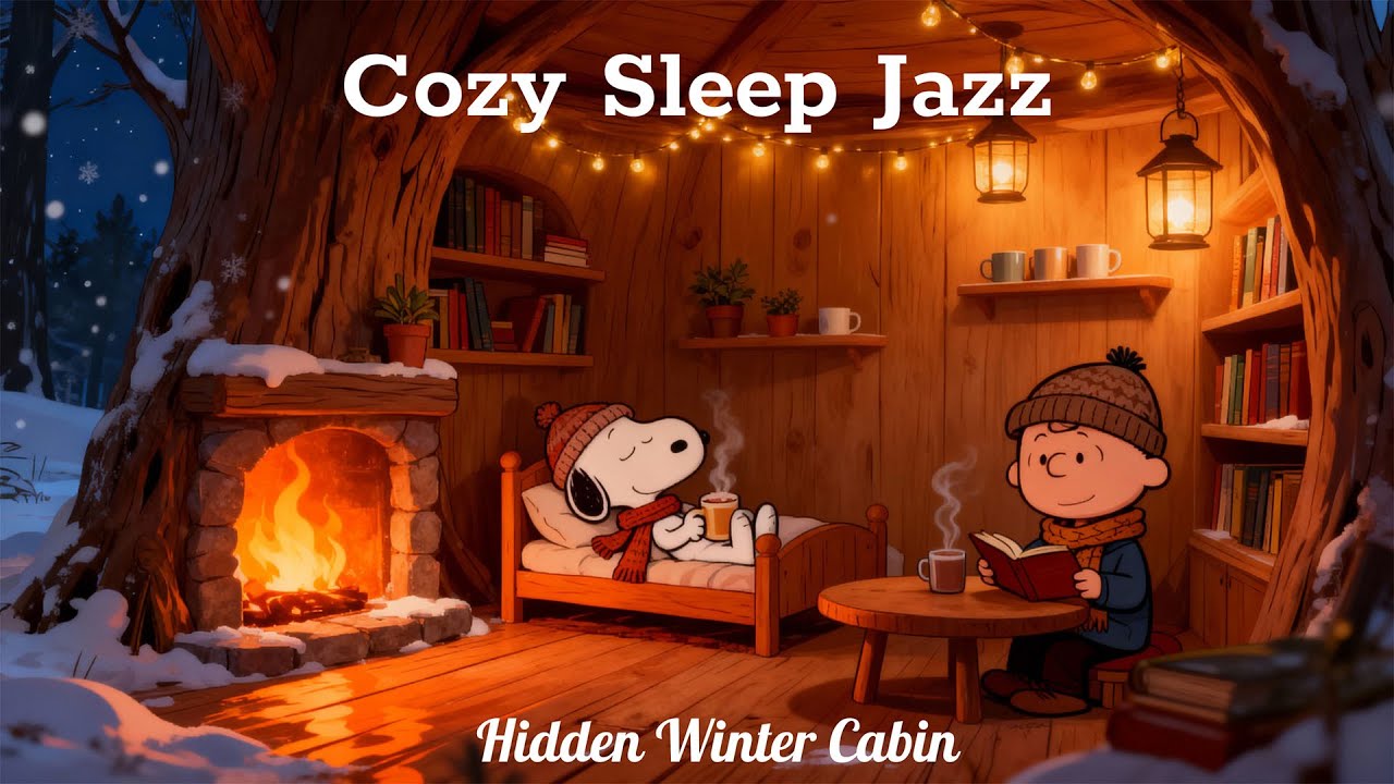 Уютный зимний домик на дереве – Снупи отдыхает у камина с чашкой горячего кофе.