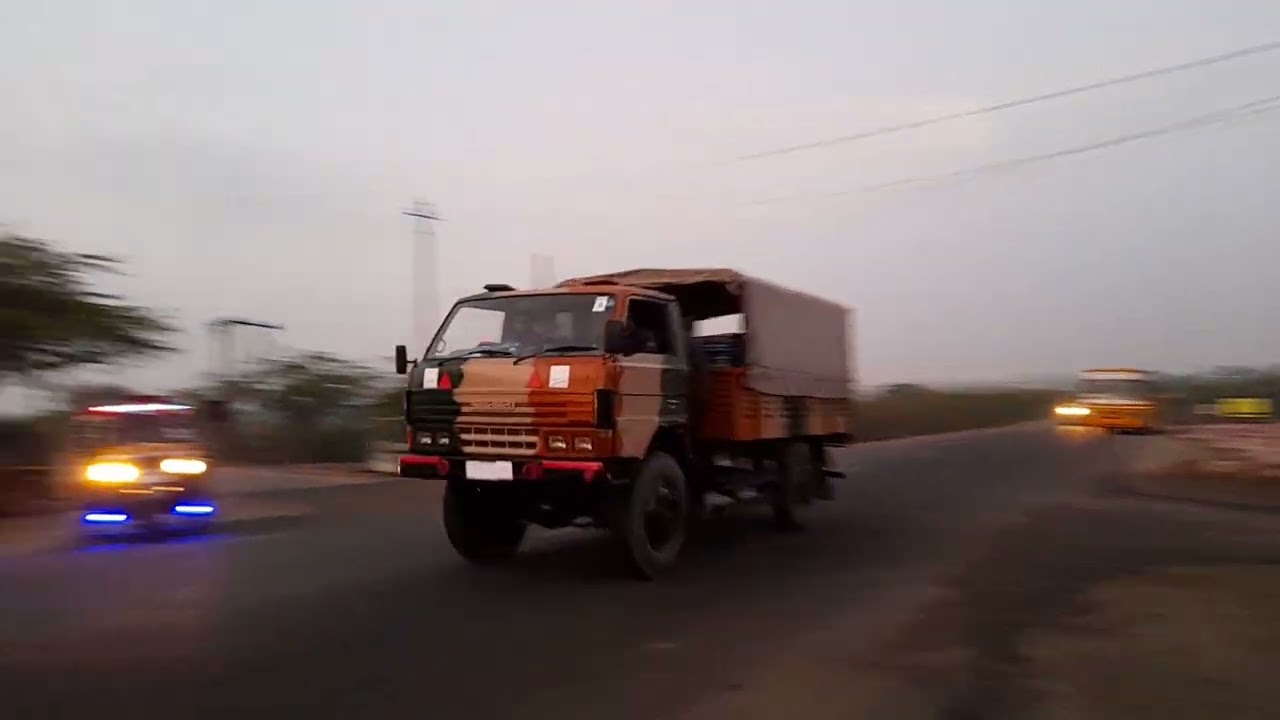Indian Army BSF Convoy Passing by on Bhuj Padhdhar Ahmedabad Highway, at Lakhond Pati