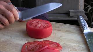トマトの試し切り三徳包丁と牛刀　 火の国刃物店