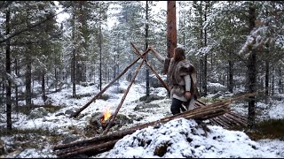 Bushcraft trip  snow, making tipi, reindeer sleeping bag, cooking meat on hot stone etc.