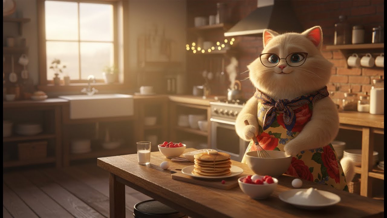 Mama Cat wakes up while preparing breakfast for her kittens