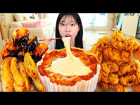 ASMR MUKBANG| 엽기떡볶이 후라이드 치킨 김밥 튀김 먹방 &amp; 레시피 FRIED CHICKEN AND Tteokbokki EATING