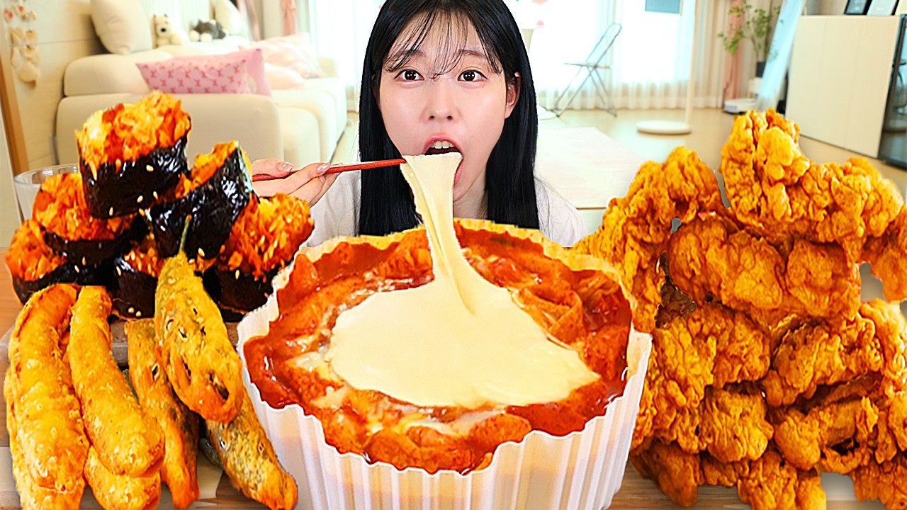 ASMR MUKBANG| 엽기떡볶이 후라이드 치킨 김밥 튀김 먹방 & 레시피 FRIED CHICKEN AND Tteokbokki EATING