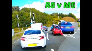 Audi R8 vs BMW M5   Near miss - Jack rabbit start - Shoot off at lights