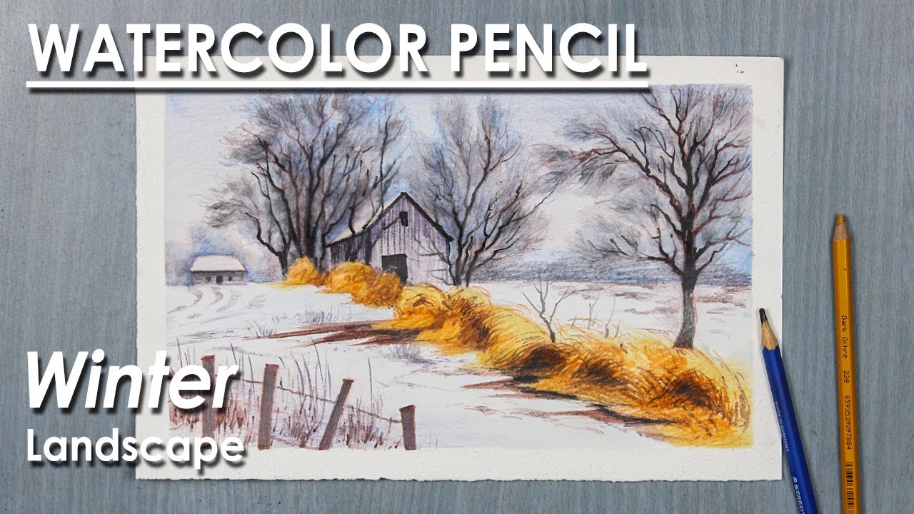Watercolor Pencil Simple Winter Landscape Painting step by step
